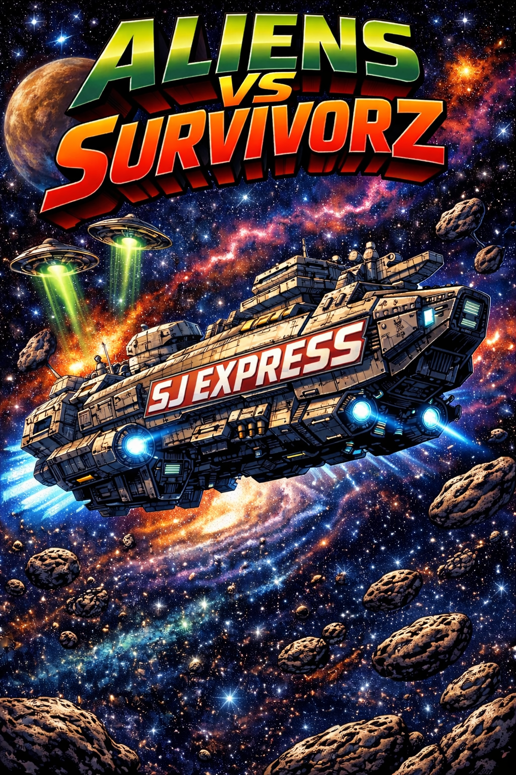 Visuel du jeu, un gros vaisseau spacial vole dans l'espace, entouré de soucoupes volantes et de comètes